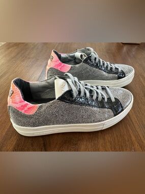P448 “John Glitter” Silver Metallic Low-Top Sneaker, Orange and Pink Snake Heel